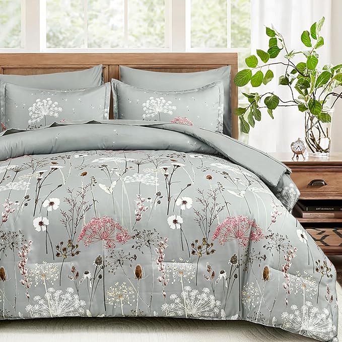 Yiran Grey Floral Comforter Set King Size, 7 Piece Spring Dandelion Plant Botanical Comforter Bedding Set, Bed in a Bag King, Soft Microfiber Complete Bedding Set with Sheets for All Season