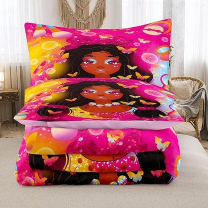 Tailor Shop Kawaii Black Girl Comforter Set Full Bedding Sets for Girls Fantasy Magic Cosmetic Pink Comforter African American Black Girl Bedding Set Girls Room Decor with 2 Pillowcases