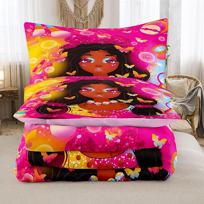 Tailor Shop Kawaii Black Girl Comforter Set Queen Bedding Sets for Girls Fantasy Magic Cosmetic Pink Comforter African American Black Girl Bedding Set Girls Room Decor with 2 Pillowcases