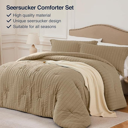Brown Full Comforter Set - 3 Pieces Seersucker Lightweight Bedding Comforter Sets (1 Soft Fluffy Comforter & 2 Pillowcases) - All Seasons Cozy Modern Bed Sets