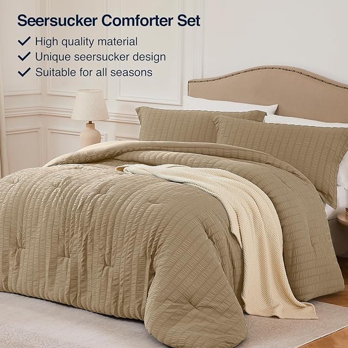Brown California King Comforter Set - 3 Pieces Seersucker Lightweight Bedding Comforter Sets (1 Soft Fluffy Comforter & 2 Pillowcases) - All Seasons Cozy Modern Bed Sets