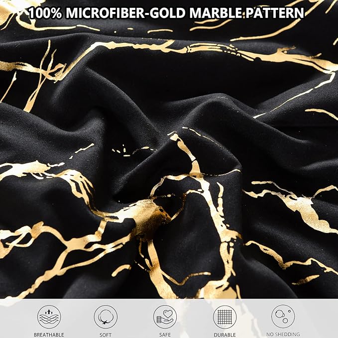 Yogeneg Gold Metallic Marble Comforter Set Queen Size,7 Piece Bed in a Bag,Foil Print Glitter Black Comforter and Sheet Set,All Season Soft Microfiber Complete Bedding Sets(Black,Queen)