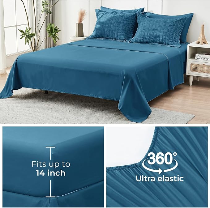 HYMOKEGE Teal California King Comforter Set Seersucker 7 Pieces, All Season Luxury Bed in a Bag for Bedroom, Bedding Set with Comforters, Sheets, Pillowcases & Shams