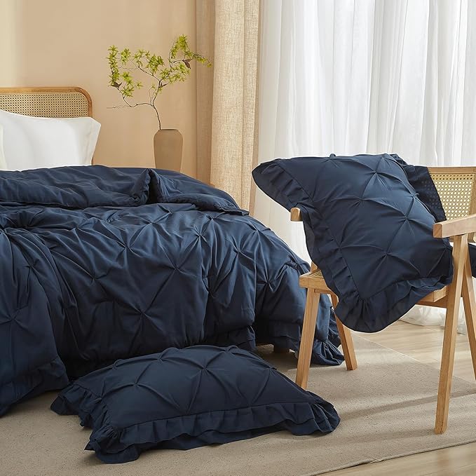 Full Size Bedding Set (1 Comforter + 2 Pillowcases) for Bedroom Boho Premium Microfiber 3 Pieces Comforter Set Washable for All Ages, Navy Blue, 80''x90''