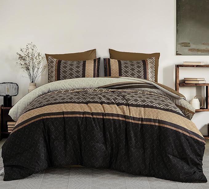 Cottolester Brown Comforter Set Queen Size,Boho Striped Bed in a Bag,7 Piece Plaid Comforter and Sheet Set, Soft Microfiber Complete Bedding Sets