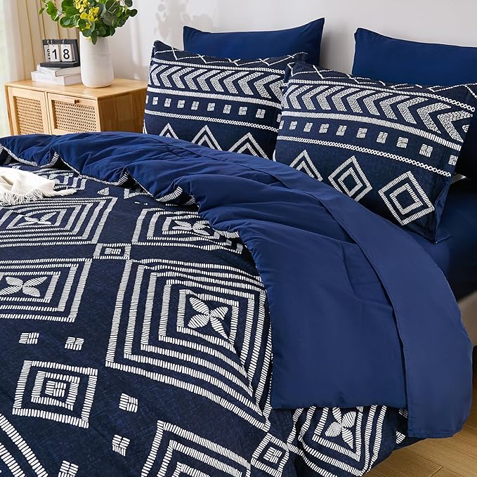 Yiran Navy Blue Comforter Set Queen Size, 7 Piece Boho Striped Bedding Set, Geometric Bed in a Bag Queen, Soft Microfiber Bohemian Complete Bedding Set with Sheets for All Season