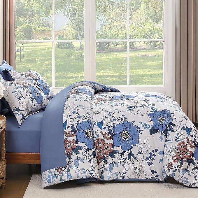 Xruibed Blue Floral Comforter Set Queen Size 7 Pieces Bed in a Bag Flower Comforter Set with Sheet, Pillowcases, Pillowshams, Soft Microfiber Bedding Set for All Season (Queen 90''x90'')