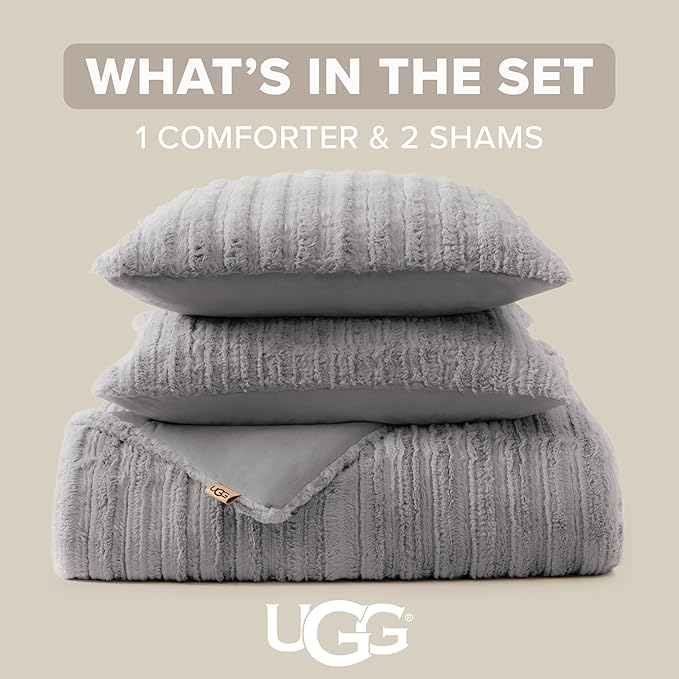 UGG Kenzie Full/Queen Comforter Set with 2 Pillow Shams Plush Faux Fur Bedding Soft Warm Down Alternative Comforter Washable Hypoallergenic Fluffy Blanket Set for Bedroom, Full/Queen Size, Seal Grey