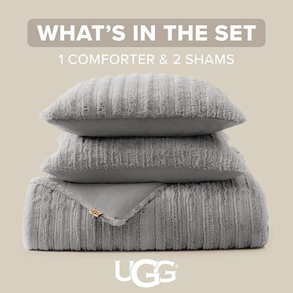 UGG Kenzie Full/Queen Comforter Set with 2 Pillow Shams Plush Faux Fur Bedding Soft Warm Down Alternative Comforter Washable Hypoallergenic Fluffy Blanket Set for Bedroom, Full/Queen Size, Seal Grey