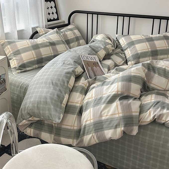 VM VOUGEMARKET Green Plaid Comforter Set Queen,3 Pieces Gingham Comforter with 2 Pillowcases for Men Boys Simple Modern Bedding Set (90"x90")
