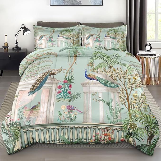 Comforter Set Full Size, Peacock Plant Bird 3 Pcs Soft Bedding Set for Kids and Adults, Floral Tree Green Comforter Set with 2 Pillowcases, for Bedroom Bed Decor