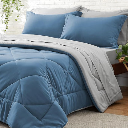 BEDELITE Queen Comforter Set 7 Pieces Bed in A Bag - Soft Microfiber Reversible Blue Bed Set with Comforters, Sheets, Pillowcases & Shams, Cozy Luxury Bedding Sets for All Season
