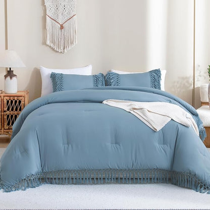 Andency Grayish Blue Comforter Set King, 3 Pieces Boho Tassel Lightweight Soft Bedding Comforter Sets for King Bed, All Season Fluffy Fringe Bed Set (104x90In Comforter & 2 Pillowcases)