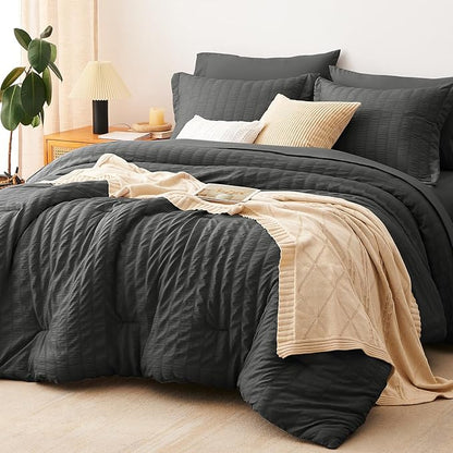 CozyLux Full Size Comforter Sets with Sheets Seersucker 7 Pieces Dark Grey Bed in a Bag Textured Luxury Soft Bedding Set with Down Alternative Comforter, Sheets, Pillowcases & Shams for All Seasons