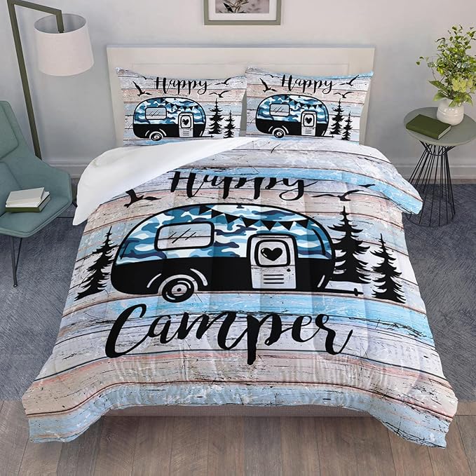 HOSIMA Happy Camping Decor Comforter Set,Camouflage Camper Bedding Queen Size for Kids Teen Girls Boys Room Decor,Camper Accessories for Travel Trailers Themed Bedding with 2 Pillowcases.