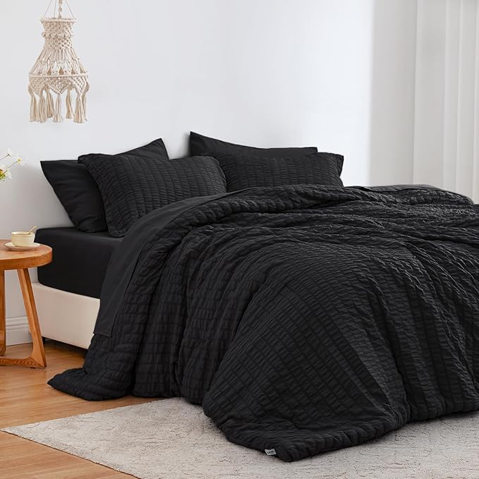Love's cabin Seersucker Black Full Comforter Set, 7-Piece All Season Lightweight Bed in a Bag Bedding Set with Comforter, Flat Sheet, Fitted Sheet, Pillowcases and Shams | Soft, Breathable, Lightweight