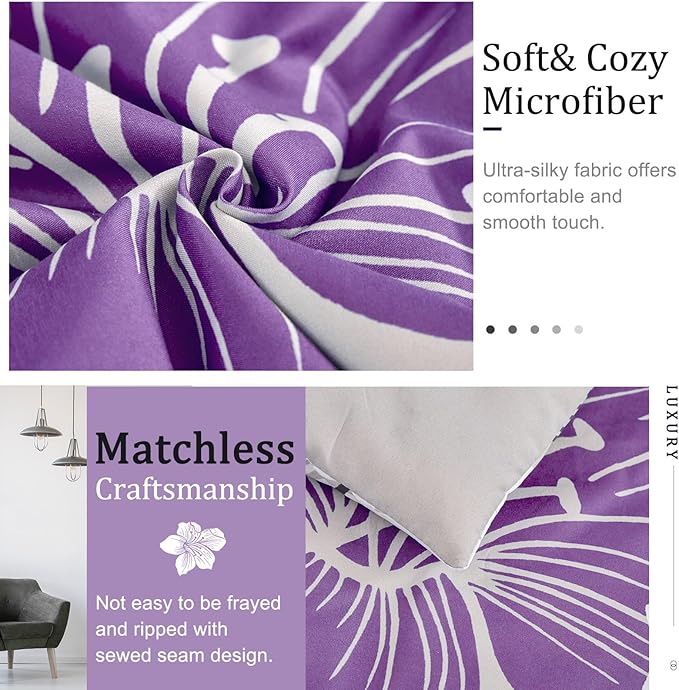Menghomeus Queen Comforter Set Purple Floral Pattern Printed on Grey, Soft Microfiber Bedding Set Lightweight Bed Comforter Set for All Season (1 Comforter, 2 Pillowcases)