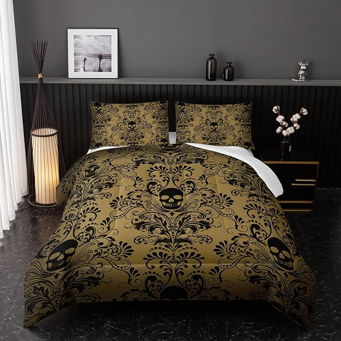 Adults Yellow Gothic Comforter Set Twin Size,Vintage Damask Floral Bedding Set 3Pcs,Bohemia Bedding Set Goth Skull Printed Quilted Set for Teens Adult with 1 Comforter and 2 Pillowcase