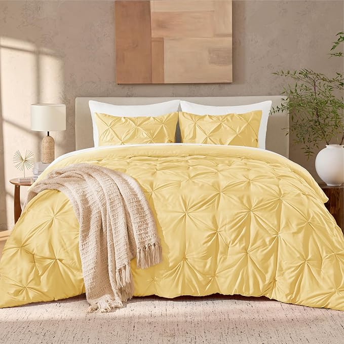 Andency Yellow Pinch Pleat Comforter Twin(66x90Inch), 2 Pieces(1 Pintuck Comforter and 1 Pillowcase) Pintuck Comforter Set, Microfiber Down Alternative Comforter All Season Bedding Set