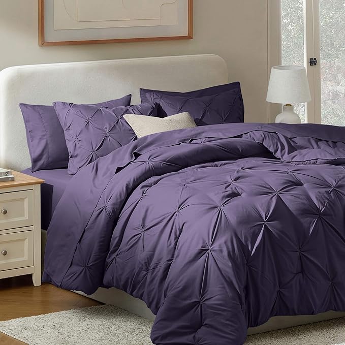 Nestl 7 Piece Comforter Set - King Pinch Pleated Purple, Bed in a Bag, All Season, King Bedding Set with Sheets and Pillowcases