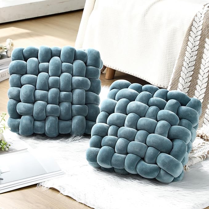 Wenqik 2 Pcs Knot Pillows Square Knotted Plush Throws Soft Accent Pillows Decoration Cushion for Couch Home Office Living Room Bedroom Bed Sofa Decor, 12'' x 13''(Haze Blue,Crystal Velvet)