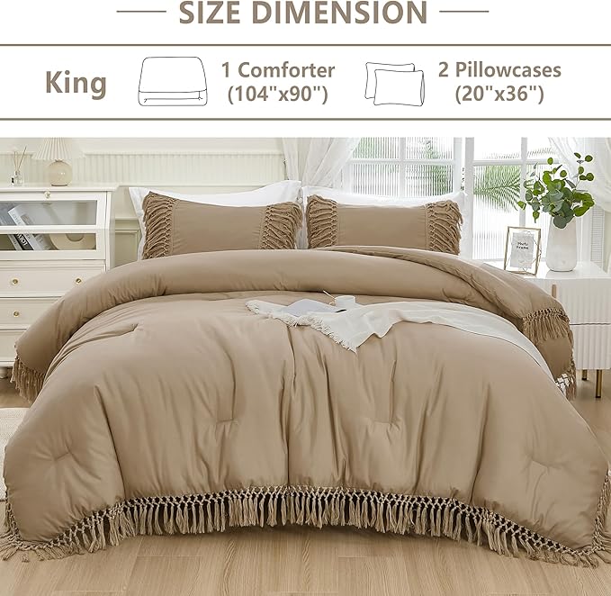 Andency Taupe Comforter Set King, 3 Pieces Boho Tassel Lightweight Soft Bedding Comforter Sets for King Bed, All Season Fluffy Fringe Bed Set (104x90In Comforter & 2 Pillowcases)