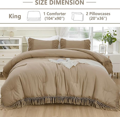 Andency Taupe Comforter Set King, 3 Pieces Boho Tassel Lightweight Soft Bedding Comforter Sets for King Bed, All Season Fluffy Fringe Bed Set (104x90In Comforter & 2 Pillowcases)