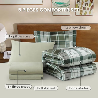 MaiRêve Olive Green Twin XL Comforter Set, Twin XL Bedding Sets for Boys Girls 5 Pieces for Dorm Farmhouse All Season Lightweight &Comfy with Fitted Sheet, Flat Sheet (Olive Green, 66"x90")