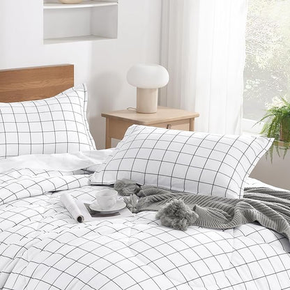 Andency Twin Comforter Set, White Gingham Plaid Grid Checkered Twin Bed Comforter Set for Dorm Boys Girls Teens Kids, 2 Pieces Lightweight Reversible Preppy Bedding Sets(66x90 Inch)