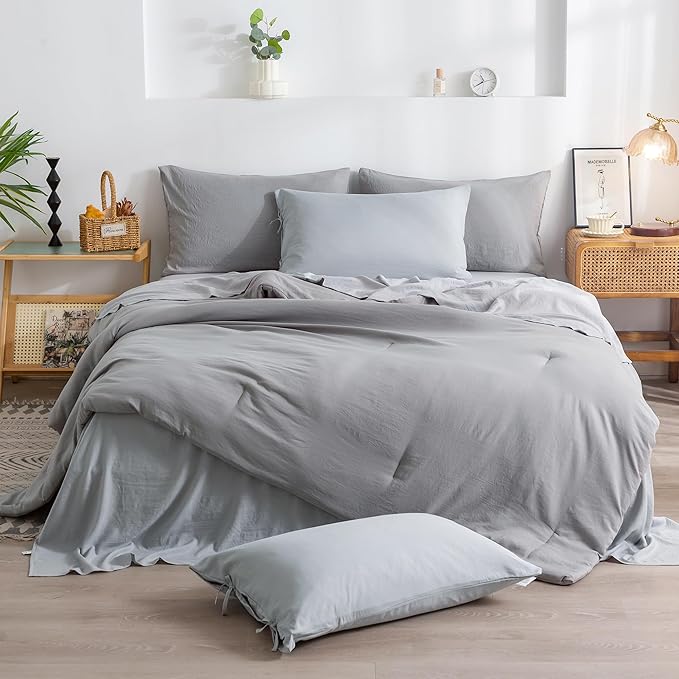 COTTEBED Ultra-Soft Bed Sets Queen with Comforter and Sheets - All Season Use 7 Pieces Bed in a Bag, Aesthetic Solid Polycotton Dark Grey Queen Comforter and Light Gray Bedding Sheet Sets Pillowcase