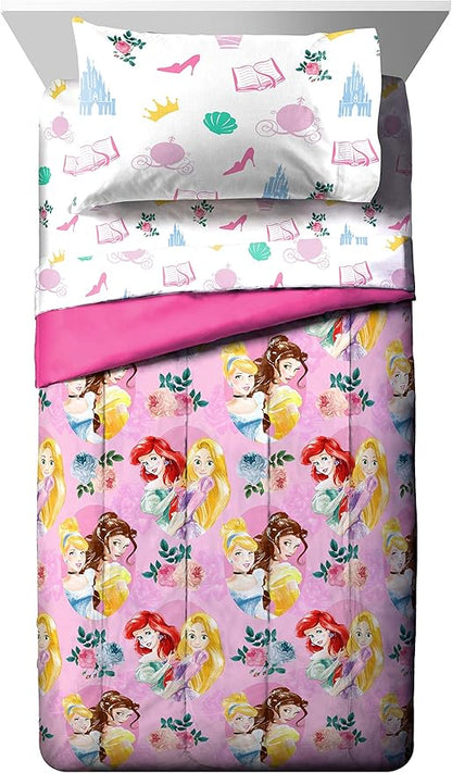 Jay Franco Disney Princess Sassy 4 Piece Twin Bed Set - Includes Comforter & Sheet Set - Super Soft Fade Resistant Polyester - (Official Disney Product)