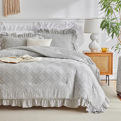 Flysheep Tufted Grids Ruffle Comforter Set Twin Size, 3 Pieces Light Grey Vintage Farmhouse Shabby Chic Comforters, Jacquard Boho Bohemian Bedding Set for Kids (1 Ruffled Comforter+ 2 Pillow Shams)