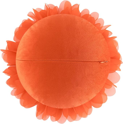 3D Flower Throw Pillow Decorative Daisy Accent Pillows Handmade Cute Round Velvet Floral Cushion with Insert for Couch Bed Chair Car Living Room Bedroom Home Decor 12Inch Vibrant Orange