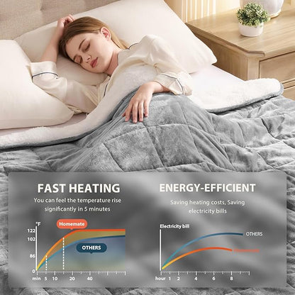 Homemate Heated Weighted Blanket for Adults - 50"x60" 12lbs Electric Throw Fast Heating Heavy Blanket 1/2/4/6/8 Hour Auto Off 10 Heat Levels Over-Heat Protection Comfortable Flannel Sherpa