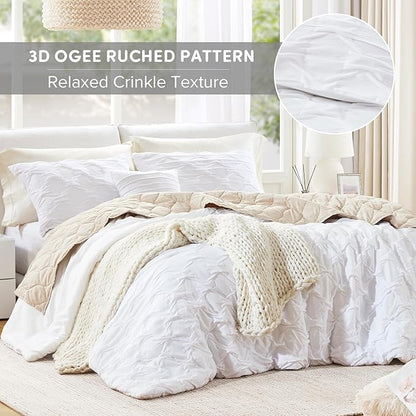 Comfort Spaces Comforter for Queen Size Bed, Ogee Ruched with Crinkle Texture, Breathable Comforter Set Queen, All Season Lightweight Bedding Set, Shams, Décor Pilow, Full/Queen White 4 Piece