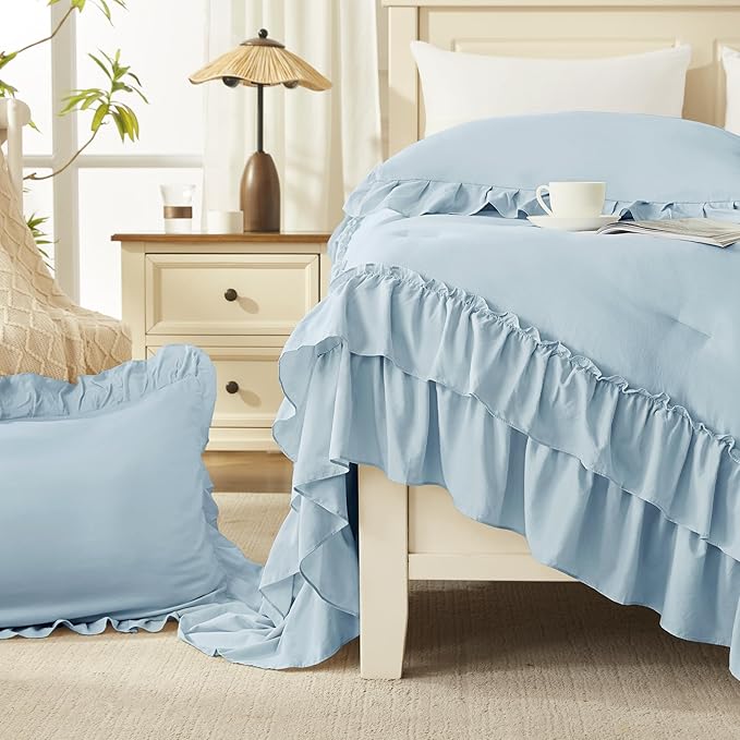 Andency Light Blue California King Comforter Set (104x96Inch), 3 Pieces Farmhouse Shabby Chic Ruffle Bedding Comforter Sets, Lightweight Fluffy Soft All Season Bed Set