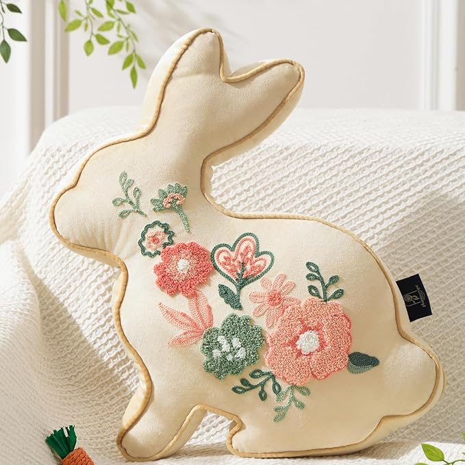 Phantoscope Happy Easter Bunny Shaped Throw Pillow, Embroidered Floral Patterns Cushion Soft Velvet Easter Rabbit Decorative Pillow for Couch Living Room Bed, Beige,18.5 x 13 inches
