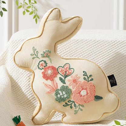 Phantoscope Happy Easter Bunny Shaped Throw Pillow, Embroidered Floral Patterns Cushion Soft Velvet Easter Rabbit Decorative Pillow for Couch Living Room Bed, Beige,18.5 x 13 inches