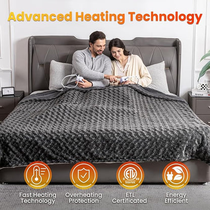 WOOMER Heated Blanket Queen Size 84" x 90", Electric Blanket with Dual Controls, 0.5-12 Hours Timer & 10 Heating Levels, ETL Certified, Dark Grey Rose Patterns Faux Fur & Sherpa, Machine Washable