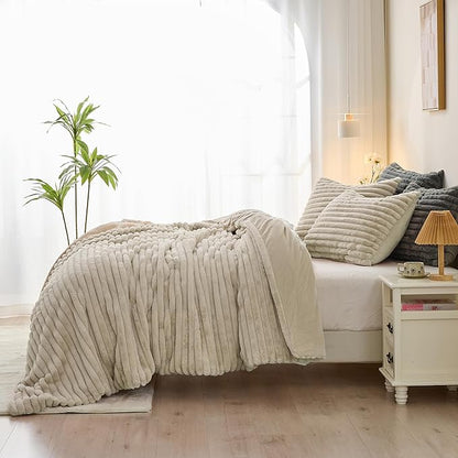Simple&Opulence Fluffy Faux Fur Comforter Set, Plush Fuzzy Minky Bedding Set, 3 Pieces Warm Soft Comforter Bedding Set for Winter - 1 Shaggy Comforter with 2 Pillow Shams(King, Striped - Khaki)