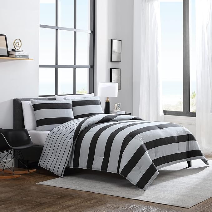 Nautica- Queen Comforter Set, Cotton Reversible Bedding Set, All Season Designer Home Décor (Lawndale Grey, Queen)