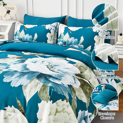 Dobuyly Teal Comforter Set Queen 7 Piece Bed in a Bag, Teal Blue Floral Printed Comforter Set with Sheets, Soft Microfiber Botanical Complete Bedding Set for All Season