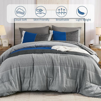 Anibedding Blue Queen Comforter Set 7 Pieces, Blue and Gray Patchwork Striped Bed in a Bag with Sheet Pillowcase for Queen Bed All Season