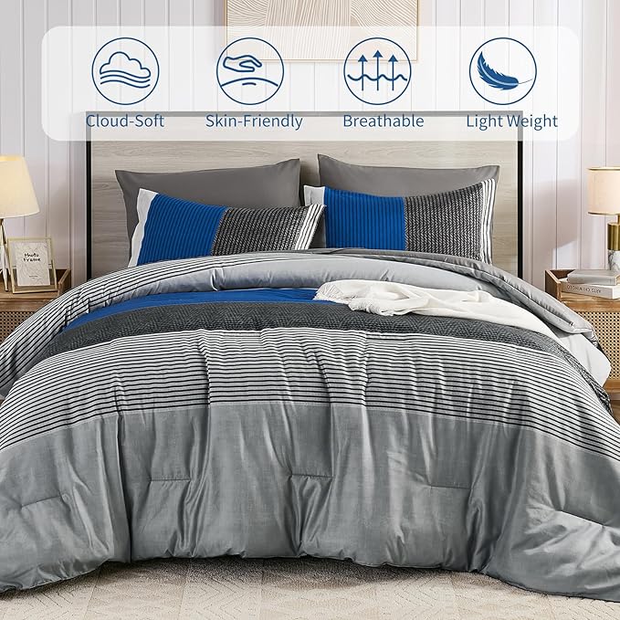 Anibedding King Size Blue Comforter Set 7 Pieces, Blue and Gray Patchwork Striped Bed in a Bag with Sheet Pillowcase for King Bed All Season