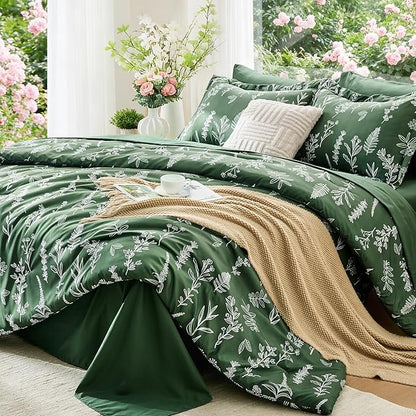 MUXHOMO Dark Green Twin Comforter Set, Elegant Floral Print Bed in a Bag 5 Pieces, Ultra Soft & Breathable Reversible Botanical Pattern Bedding Set with Comforter, Sheets, Pillowcase, and Sham
