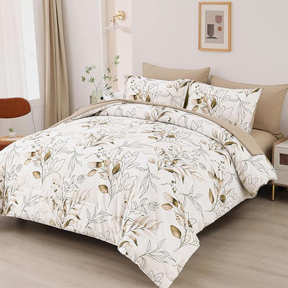 WONGS BEDDING Brown Comforter Set King Size, 7 Pieces Botanical Bed in a Bag Golden Leaves Bedding Set Soft Microfiber King (1 Comforter,2 Pillowcase,2 Pillow Shams,1 Flat Sheet,1 Fitted Sheet)