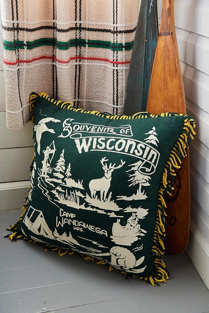 Camp Wandawega Souvenir Fringed Throw Pillow, Vintage Lodge Decorative Pillow, Square 20x20