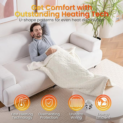 WOOMER Heated Blanket Throw 50" x 60", Electric Blanket Throw with 4 Heating Levels & 4H Auto Off, ETL Certified, White Roses Patterns Faux Fur & Sherpa, Machine Washable