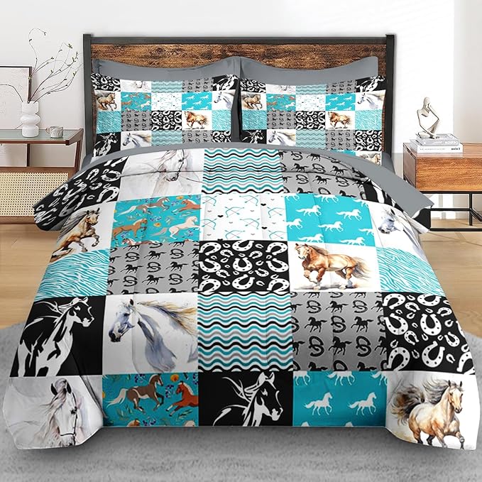 Comforter Set King Size, Brown Horse Painting Bedding for Kids and Adults, White Watercolor Beautiful Bed Sheet Sets with Fitted Sheet 2 Pillowcases & 2 Shams for Bedroom Bed Decor