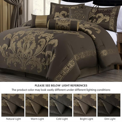 Chezmoi Collection Royale 7-Piece Jacquard Floral Comforter Set, Oversized King, Coffee/Gold